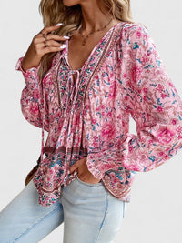 Alexandra Boho V-Neck Lace-Up Smocked Blouse Paisley Print