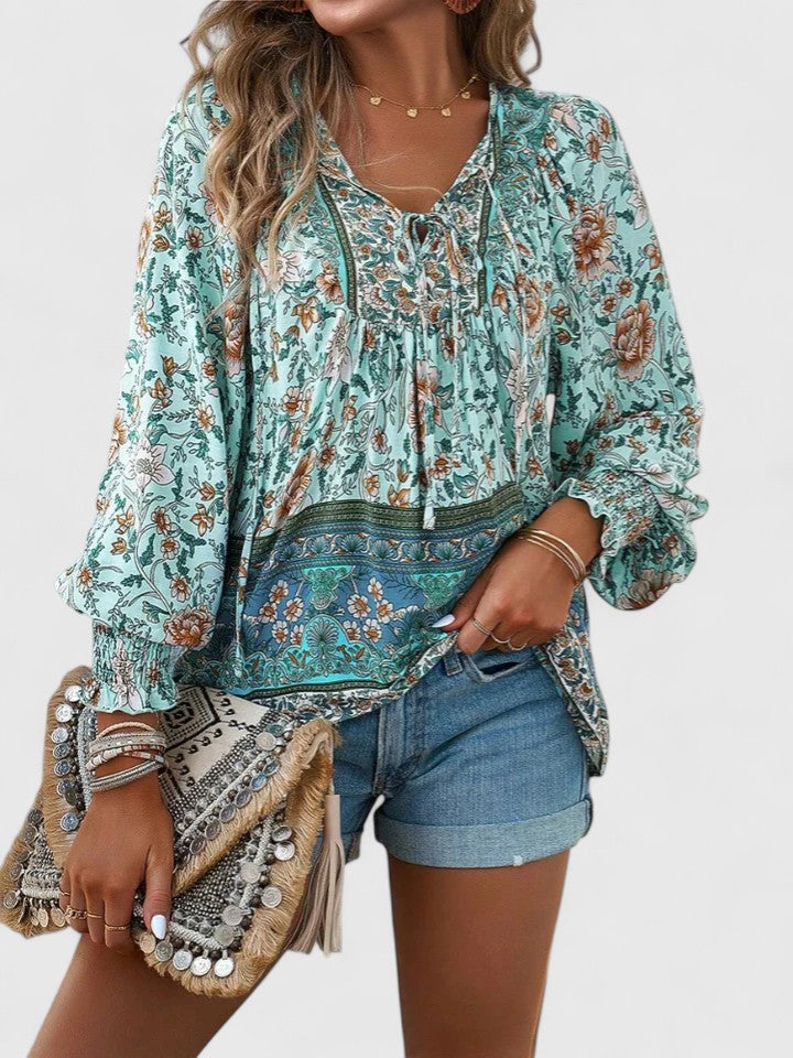 Alexandra Boho V-Neck Lace-Up Smocked Blouse Paisley Print