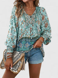 Alexandra Boho V-Neck Lace-Up Smocked Blouse Paisley Print