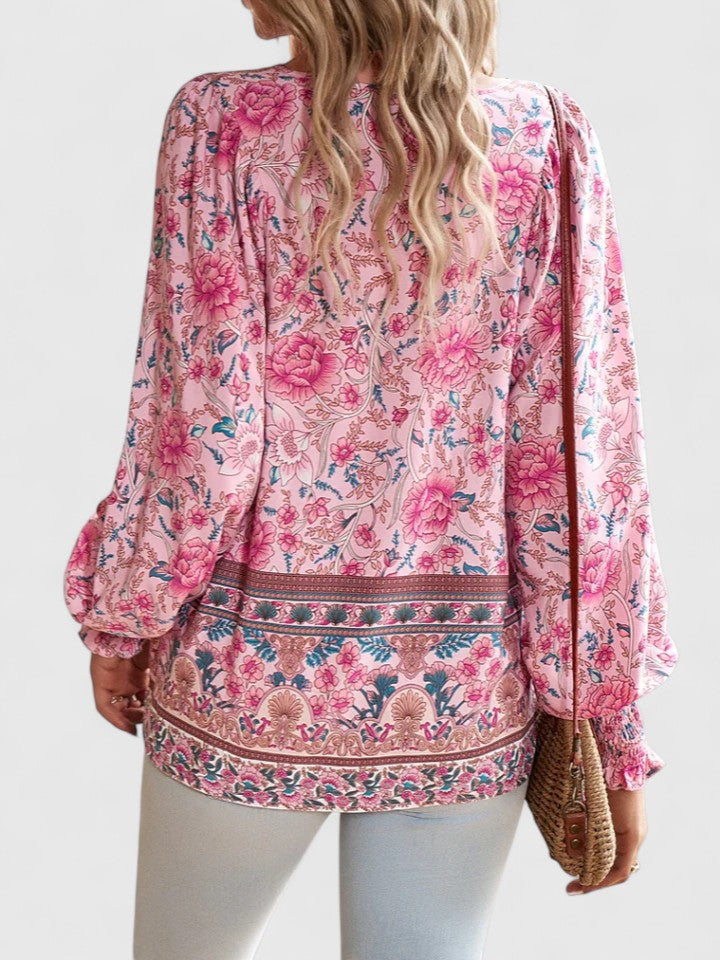 Alexandra Boho V-Neck Lace-Up Smocked Blouse Paisley Print