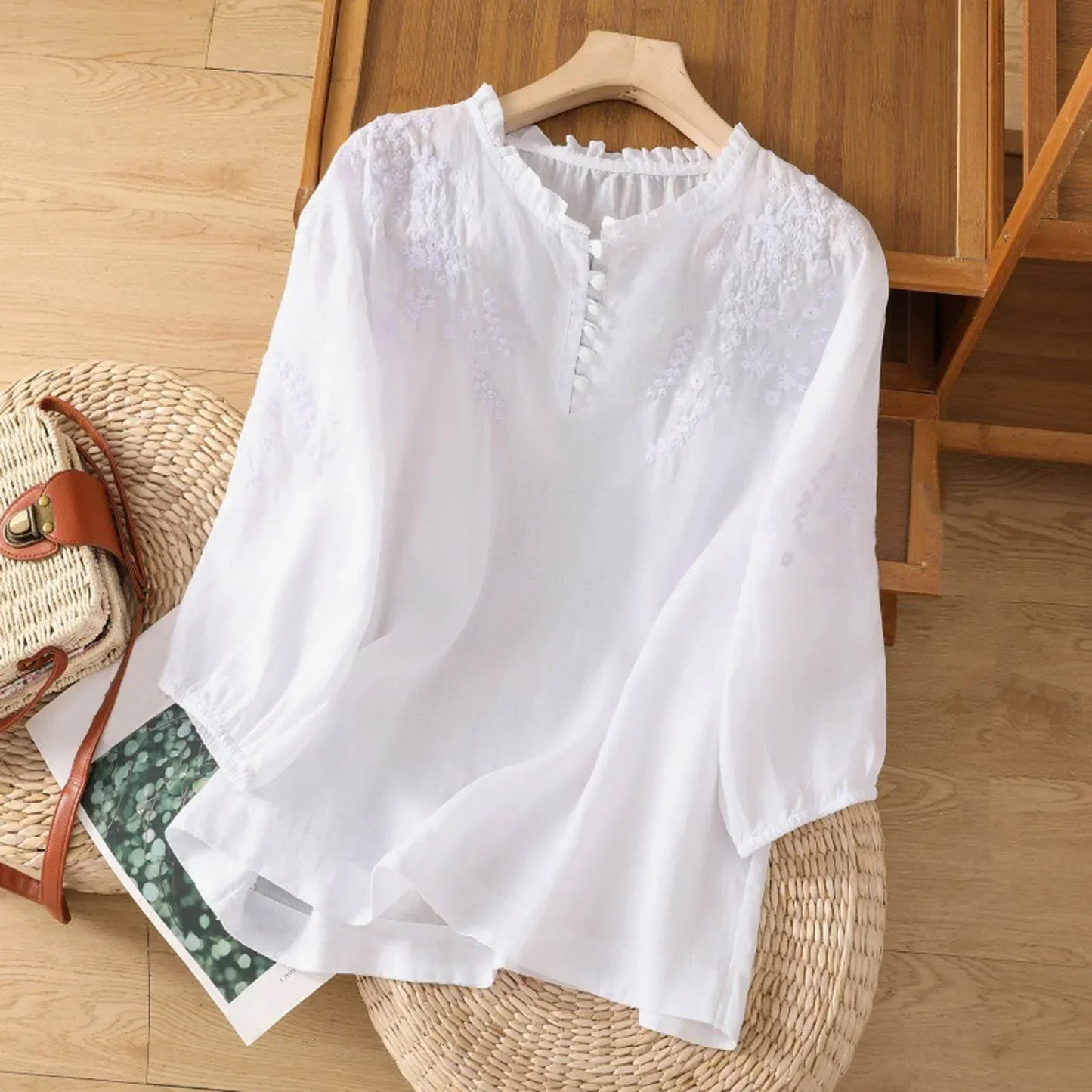 Daniela Brooks Floral Embroidered Button-Front Blouse