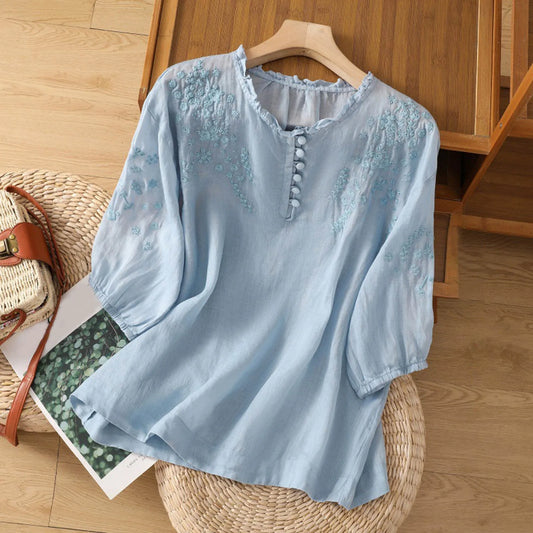 Daniela Brooks Floral Embroidered Button-Front Blouse