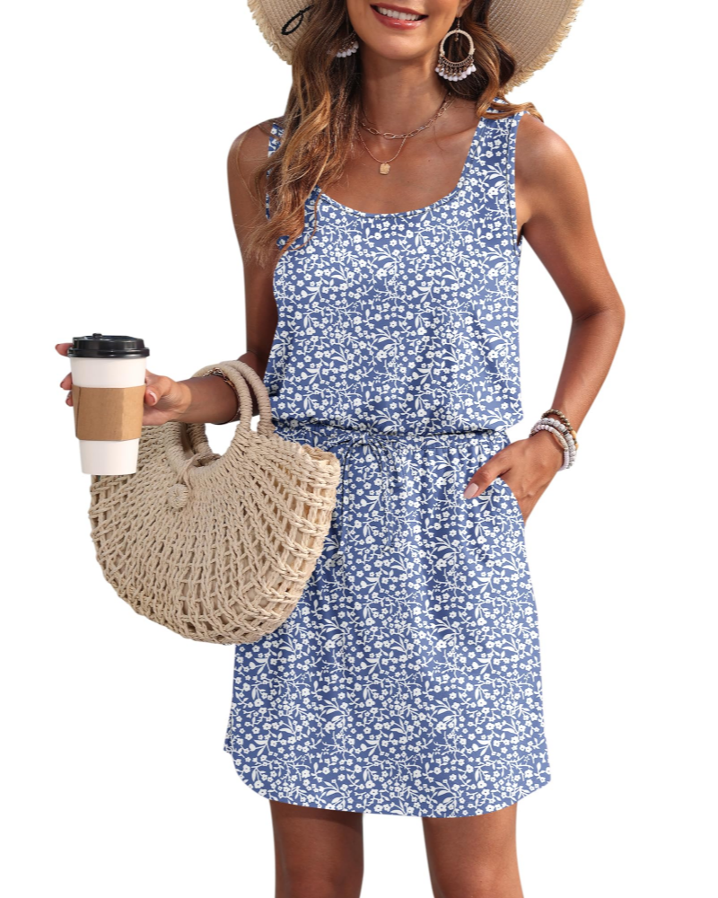 Vanessa Drawstring Waist Sleeveless Summer Dress with Pockets