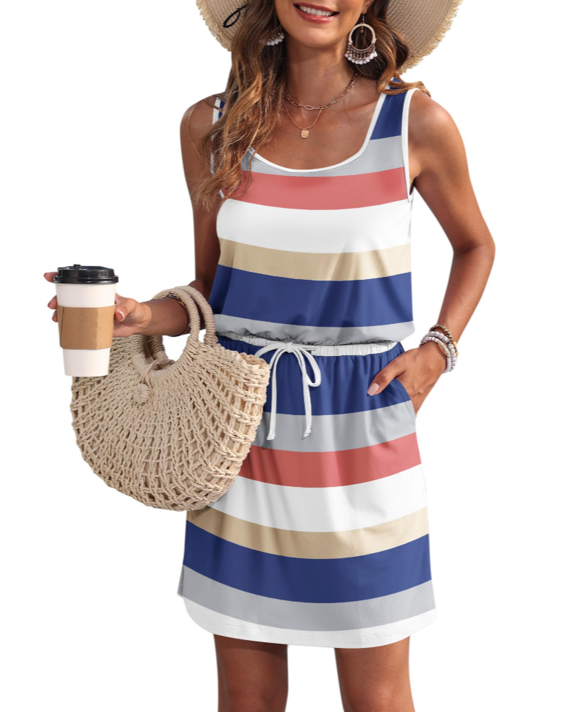 Vanessa Drawstring Waist Sleeveless Summer Dress with Pockets