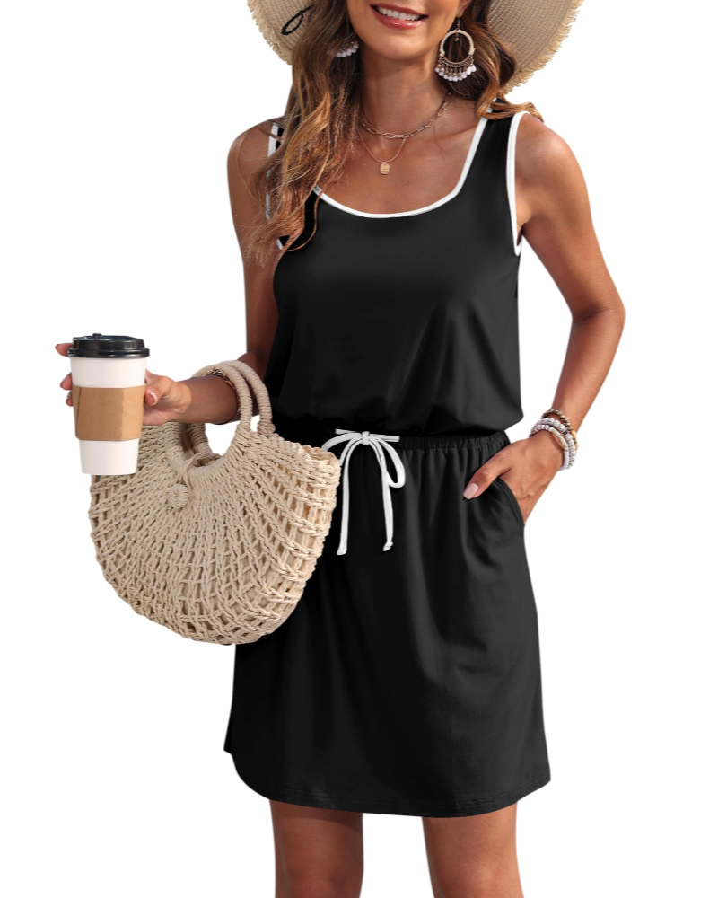 Vanessa Drawstring Waist Sleeveless Summer Dress with Pockets