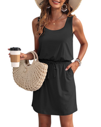 Vanessa Drawstring Waist Sleeveless Summer Dress with Pockets