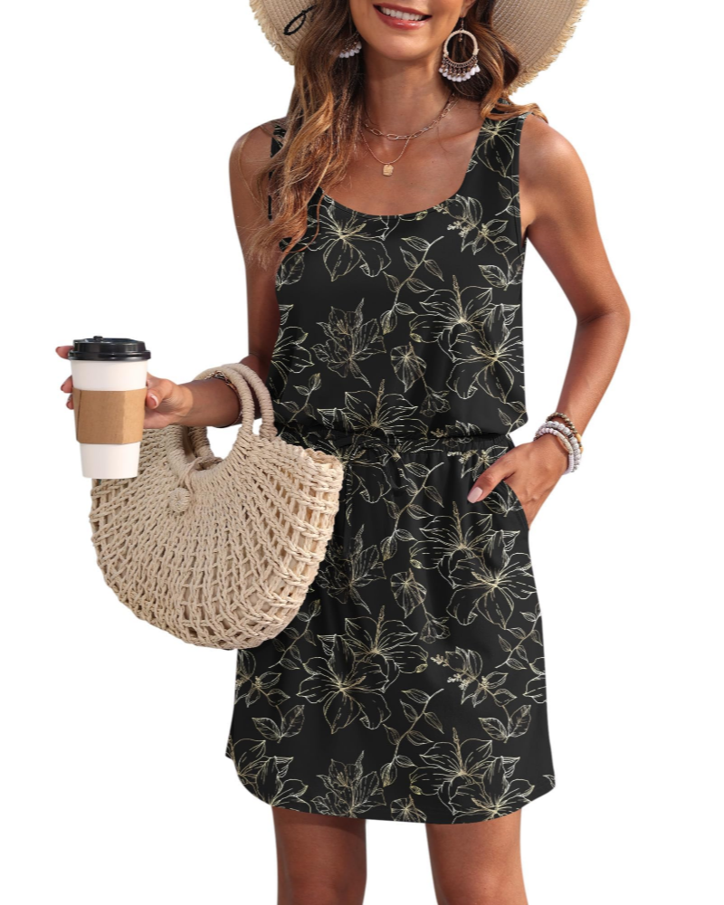Vanessa Drawstring Waist Sleeveless Summer Dress with Pockets