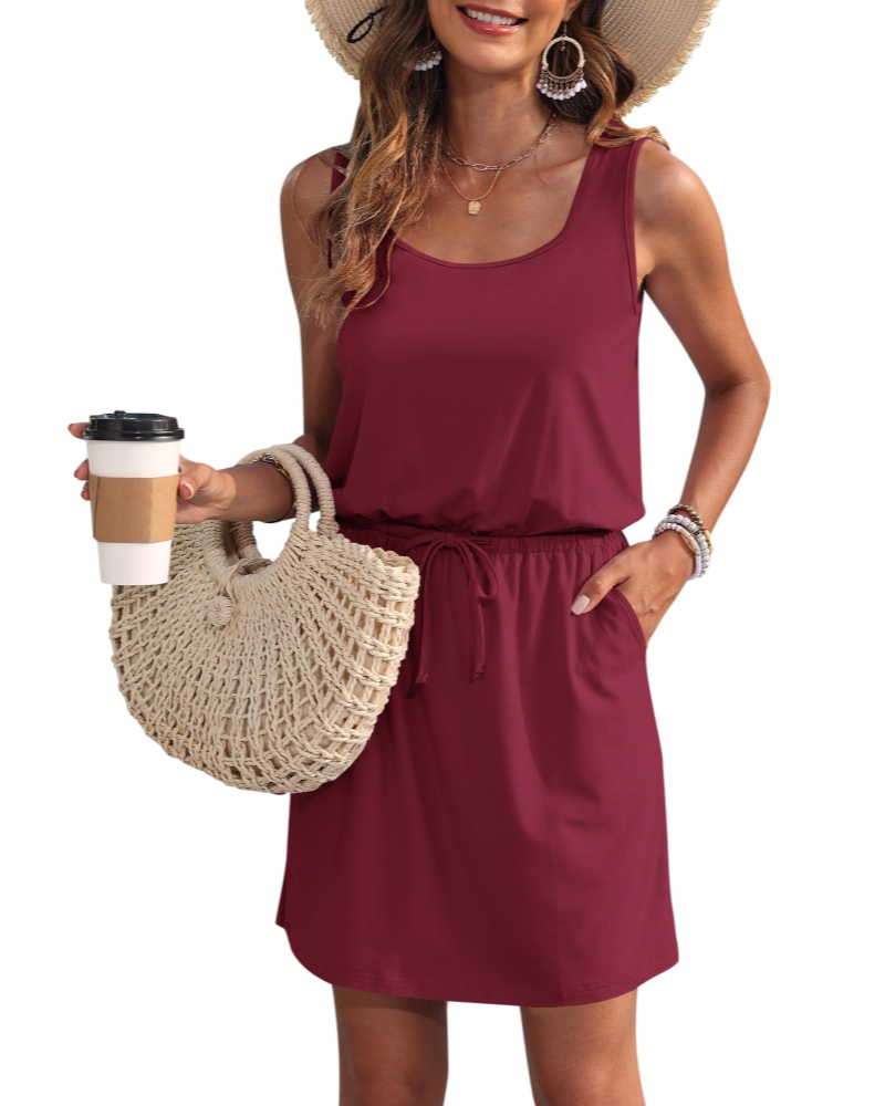 Vanessa Drawstring Waist Sleeveless Summer Dress with Pockets
