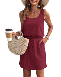 Vanessa Drawstring Waist Sleeveless Summer Dress with Pockets