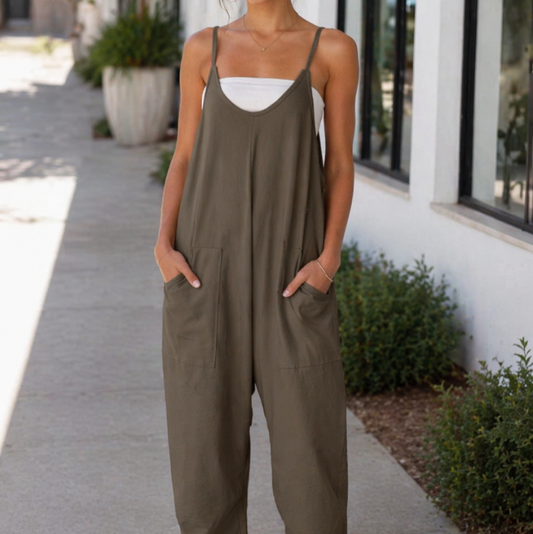 Nicole Nelson Spaghetti Strap Wide Leg Jumpsuit V-Neck Side Pockets