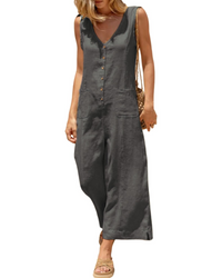 Brianna Linen Wide-Leg V-Neck Button Jumpsuit with Pockets