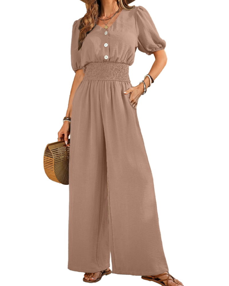 Isabelle Cross V-Neck Smocked Waist Wide-Leg Jumpsuit with Pockets
