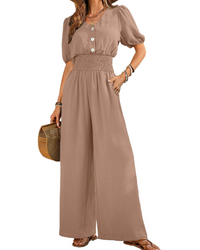 Isabelle Cross V-Neck Smocked Waist Wide-Leg Jumpsuit with Pockets
