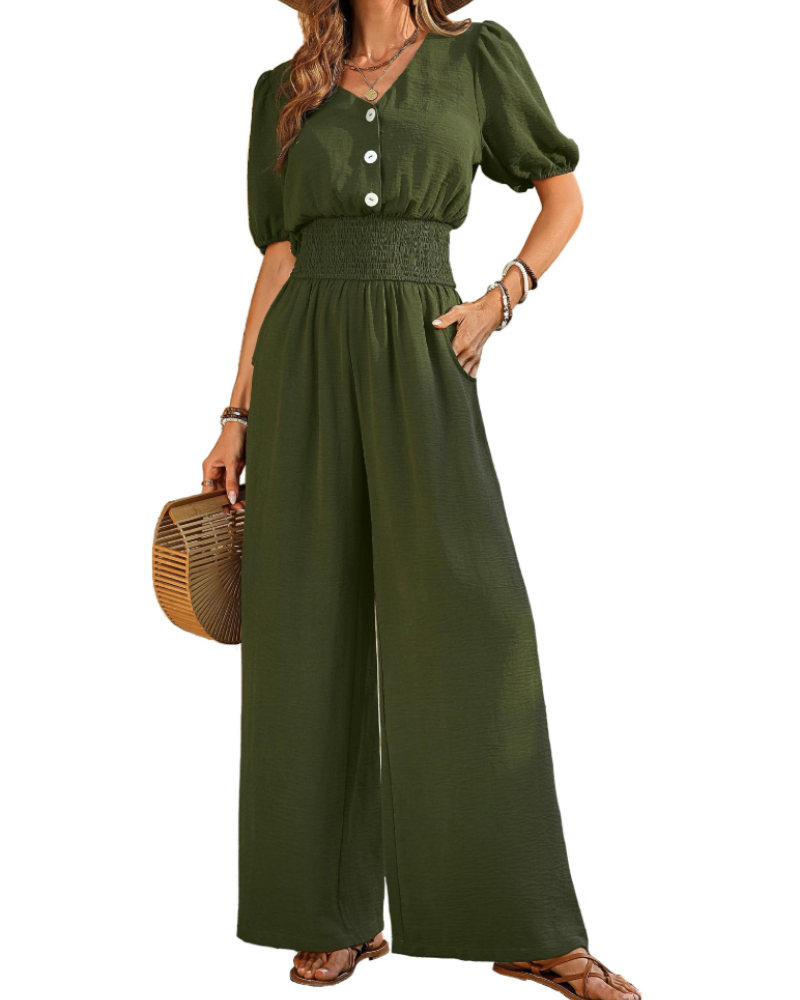 Isabelle Cross V-Neck Smocked Waist Wide-Leg Jumpsuit with Pockets