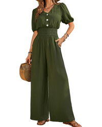 Isabelle Cross V-Neck Smocked Waist Wide-Leg Jumpsuit with Pockets