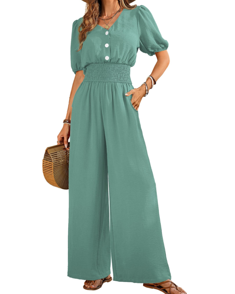 Isabelle Cross V-Neck Smocked Waist Wide-Leg Jumpsuit with Pockets