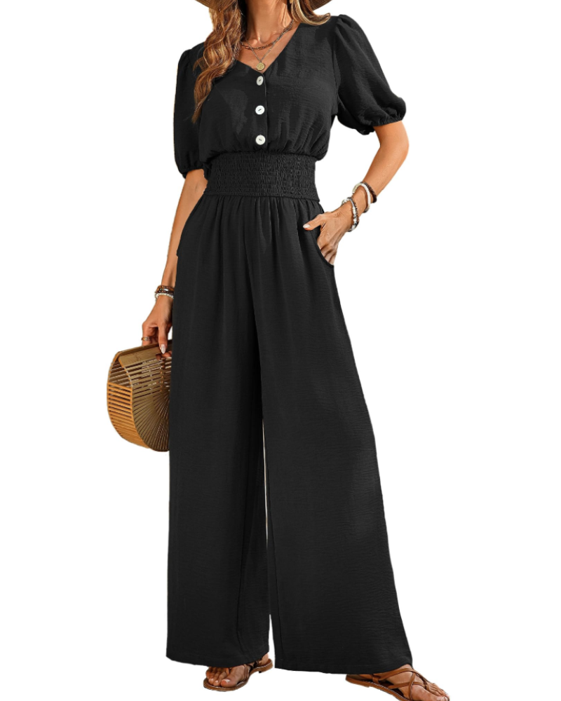 Isabelle Cross V-Neck Smocked Waist Wide-Leg Jumpsuit with Pockets