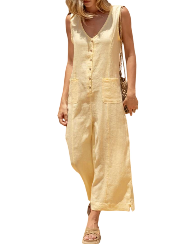 Brianna Linen Wide-Leg V-Neck Button Jumpsuit with Pockets