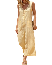Brianna Linen Wide-Leg V-Neck Button Jumpsuit with Pockets
