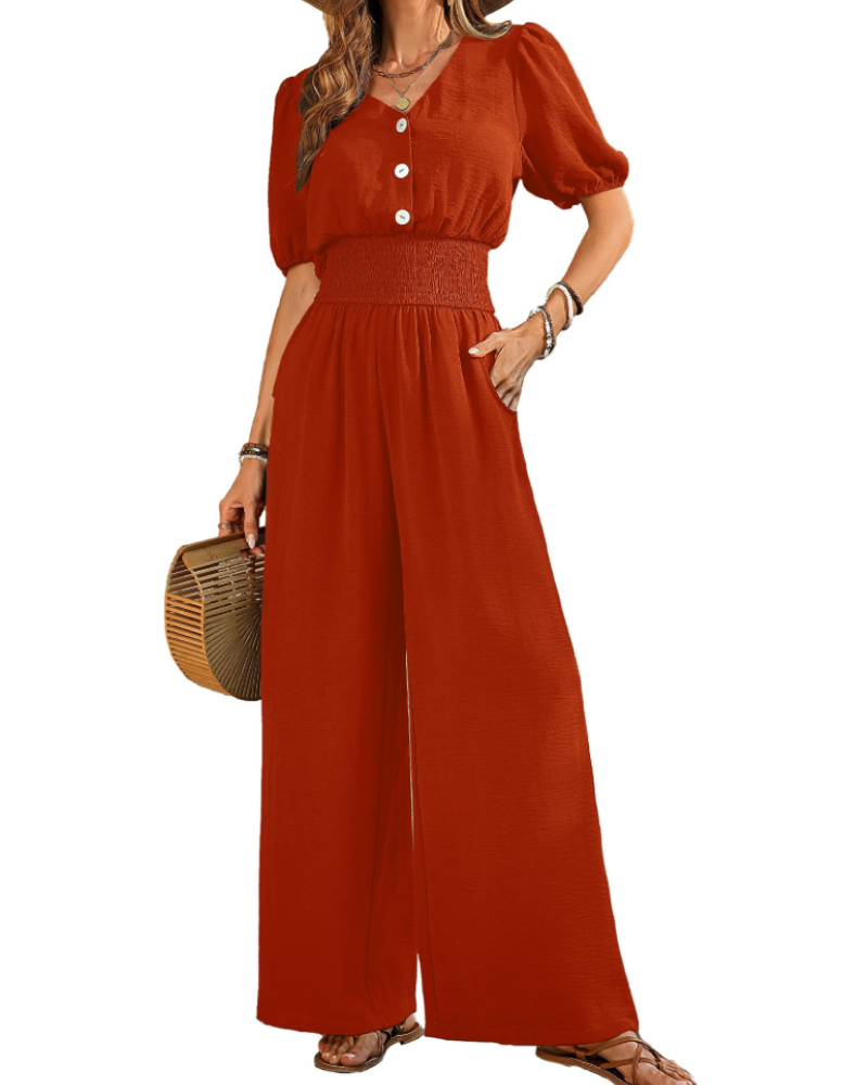 Isabelle Cross V-Neck Smocked Waist Wide-Leg Jumpsuit with Pockets
