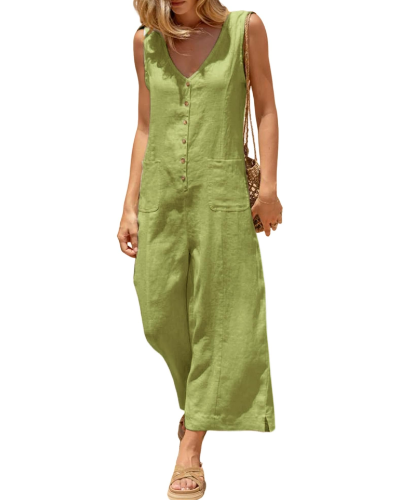 Brianna Linen Wide-Leg V-Neck Button Jumpsuit with Pockets