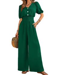 Isabelle Cross V-Neck Smocked Waist Wide-Leg Jumpsuit with Pockets