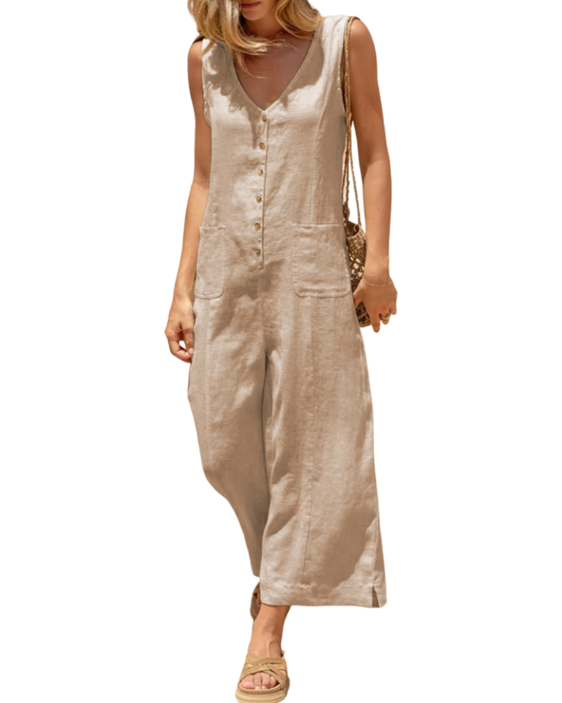 Brianna Linen Wide-Leg V-Neck Button Jumpsuit with Pockets
