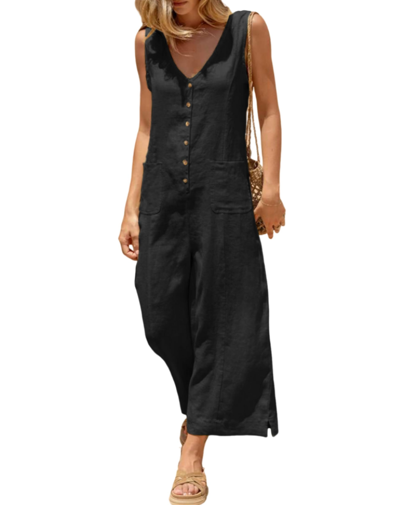 Brianna Linen Wide-Leg V-Neck Button Jumpsuit with Pockets