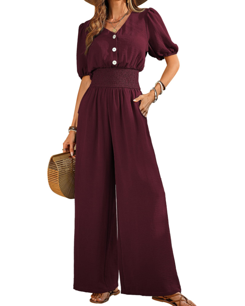 Isabelle Cross V-Neck Smocked Waist Wide-Leg Jumpsuit with Pockets