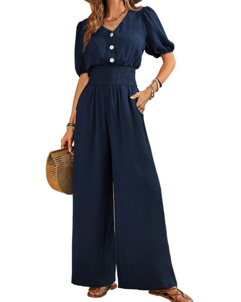 Isabelle Cross V-Neck Smocked Waist Wide-Leg Jumpsuit with Pockets