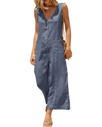 Brianna Linen Wide-Leg V-Neck Button Jumpsuit with Pockets