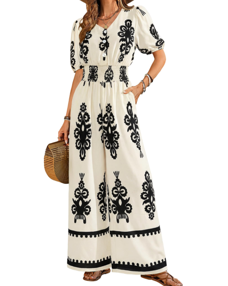 Isabelle Cross V-Neck Smocked Waist Wide-Leg Jumpsuit with Pockets