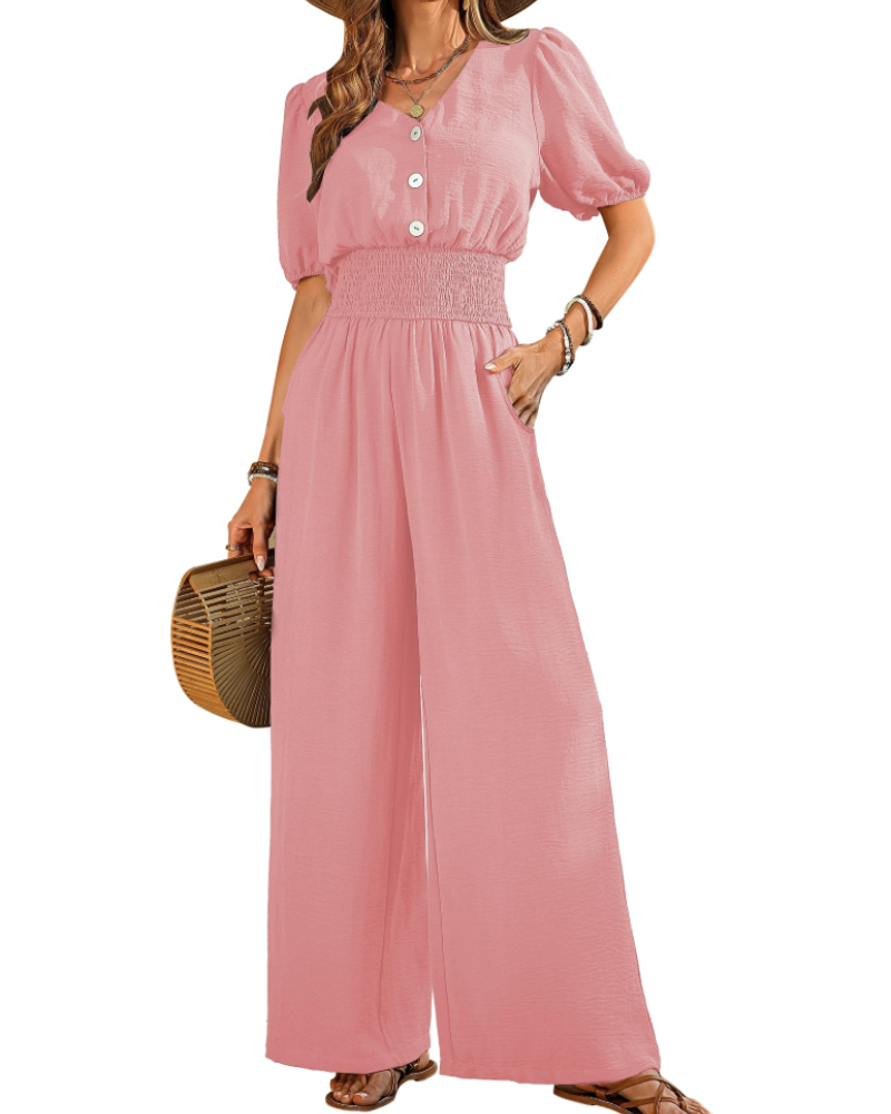 Isabelle Cross V-Neck Smocked Waist Wide-Leg Jumpsuit with Pockets