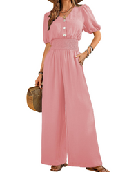 Isabelle Cross V-Neck Smocked Waist Wide-Leg Jumpsuit with Pockets