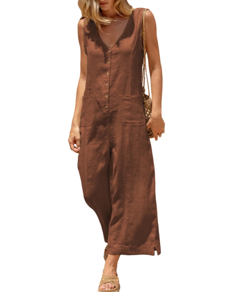 Brianna Linen Wide-Leg V-Neck Button Jumpsuit with Pockets