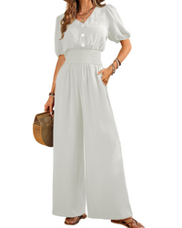 Isabelle Cross V-Neck Smocked Waist Wide-Leg Jumpsuit with Pockets