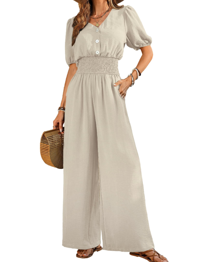 Isabelle Cross V-Neck Smocked Waist Wide-Leg Jumpsuit with Pockets