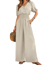 Isabelle Cross V-Neck Smocked Waist Wide-Leg Jumpsuit with Pockets