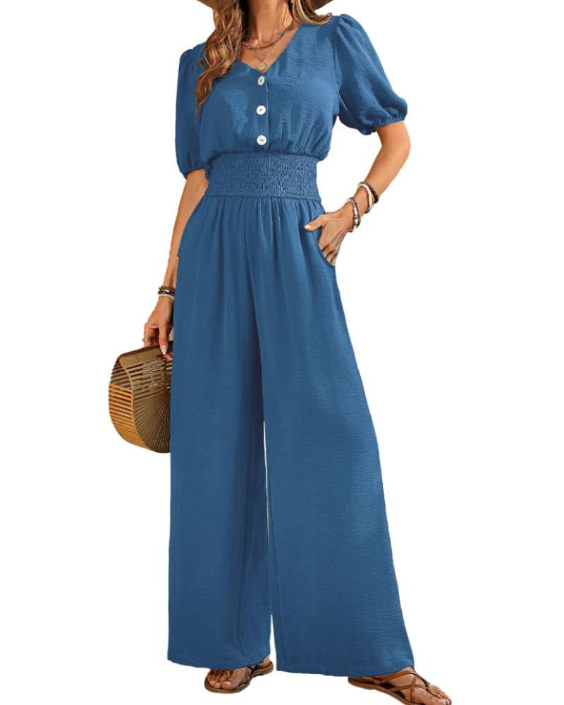 Isabelle Cross V-Neck Smocked Waist Wide-Leg Jumpsuit with Pockets