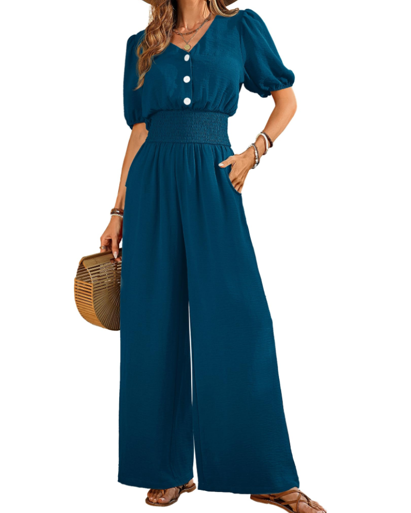 Isabelle Cross V-Neck Smocked Waist Wide-Leg Jumpsuit with Pockets