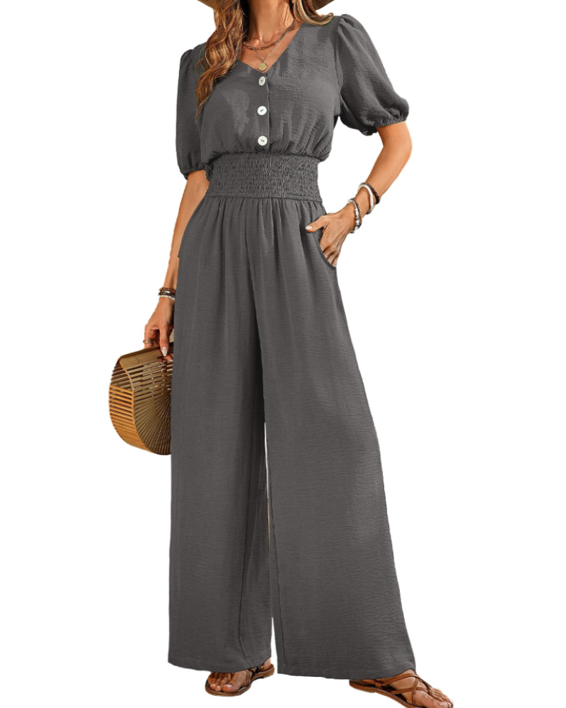 Isabelle Cross V-Neck Smocked Waist Wide-Leg Jumpsuit with Pockets