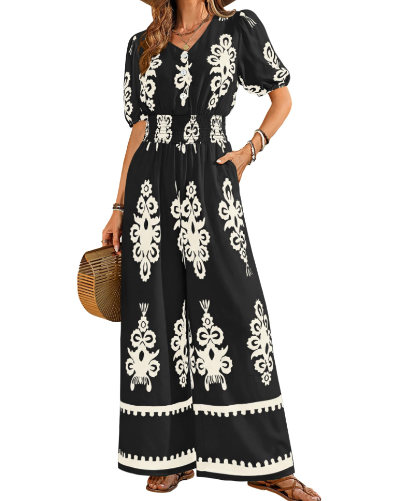 Isabelle Cross V-Neck Smocked Waist Wide-Leg Jumpsuit with Pockets