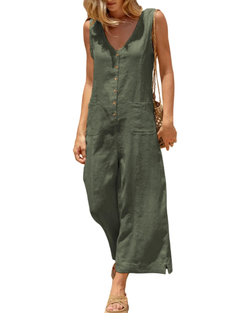 Brianna Linen Wide-Leg V-Neck Button Jumpsuit with Pockets