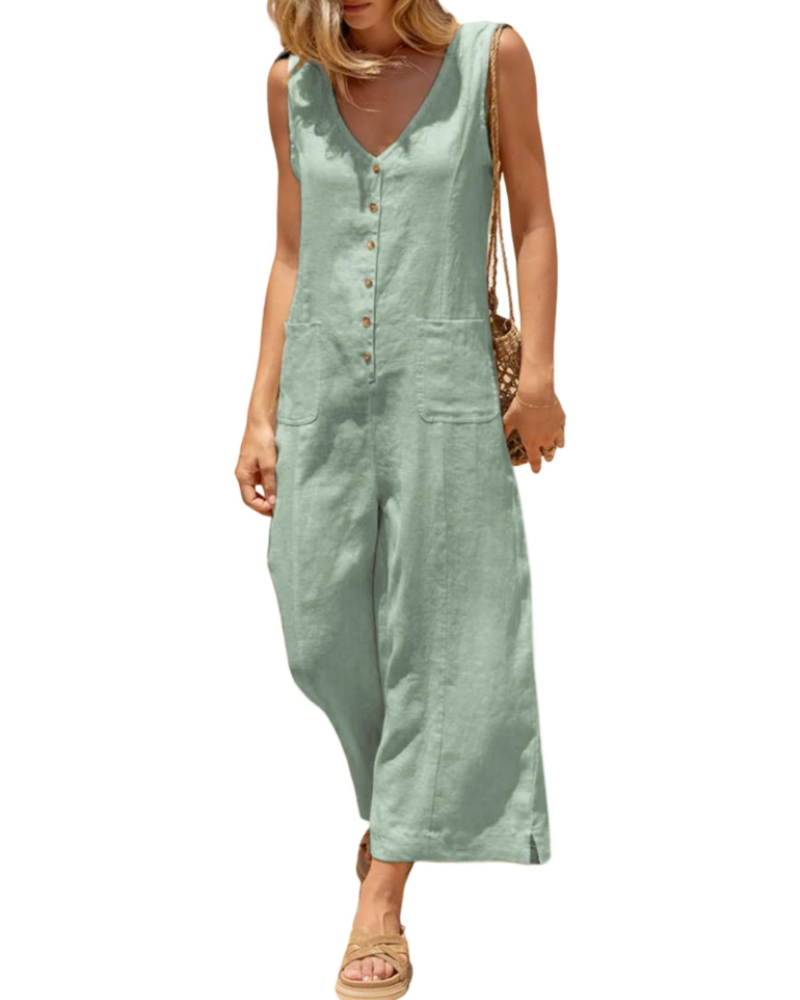 Brianna Linen Wide-Leg V-Neck Button Jumpsuit with Pockets