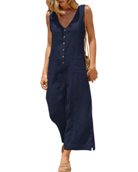 Brianna Linen Wide-Leg V-Neck Button Jumpsuit with Pockets