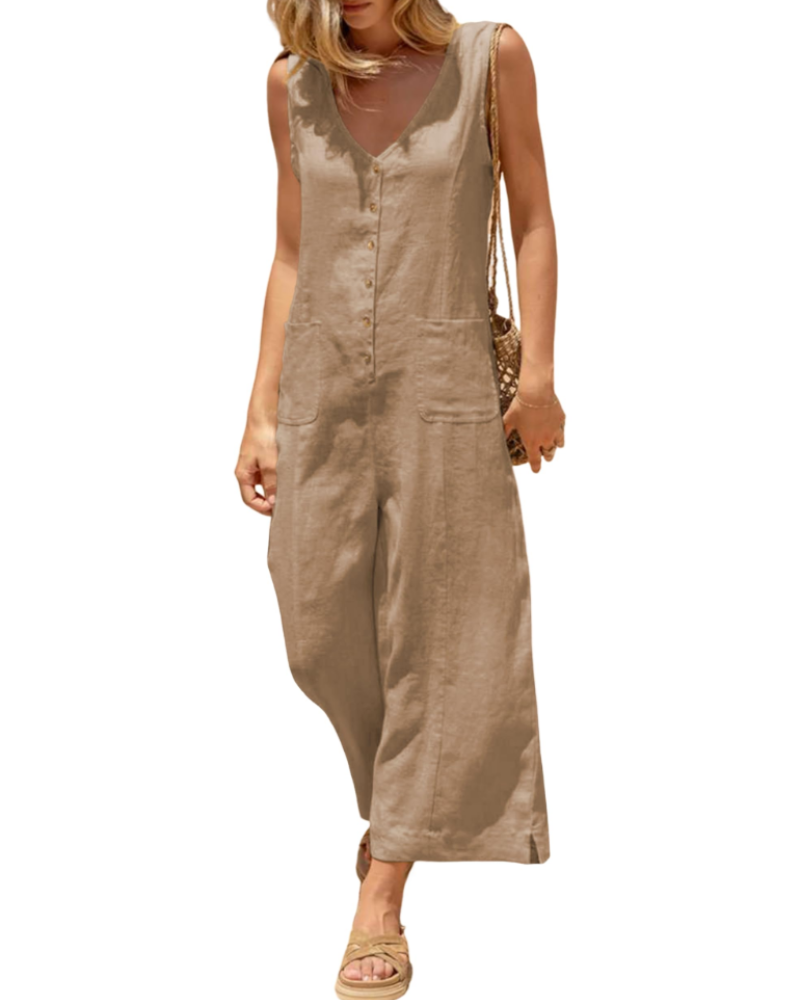 Brianna Linen Wide-Leg V-Neck Button Jumpsuit with Pockets