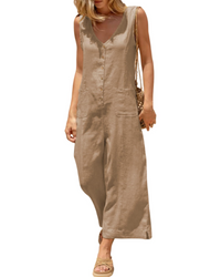 Brianna Linen Wide-Leg V-Neck Button Jumpsuit with Pockets