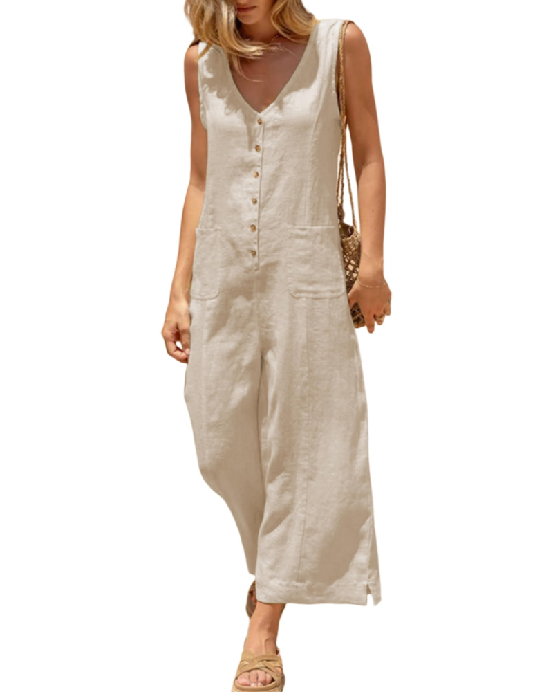 Brianna Linen Wide-Leg V-Neck Button Jumpsuit with Pockets