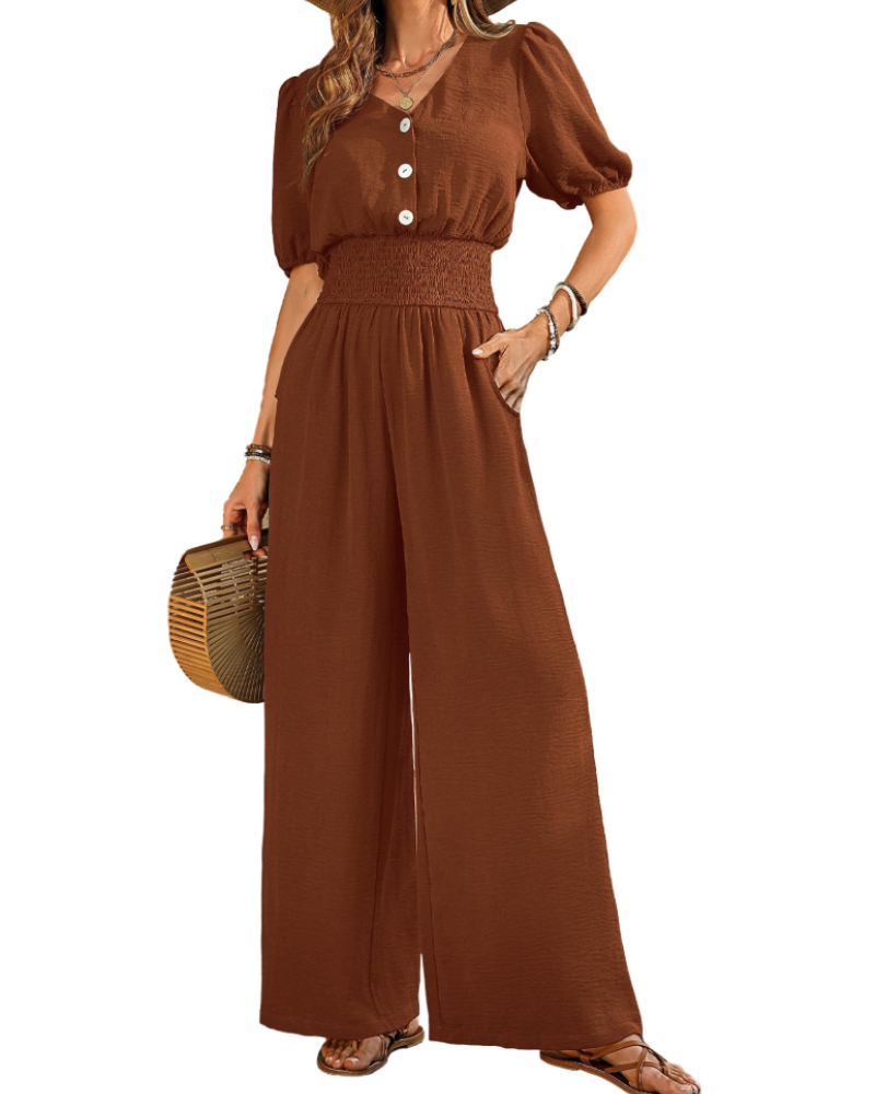 Isabelle Cross V-Neck Smocked Waist Wide-Leg Jumpsuit with Pockets