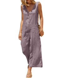 Brianna Linen Wide-Leg V-Neck Button Jumpsuit with Pockets